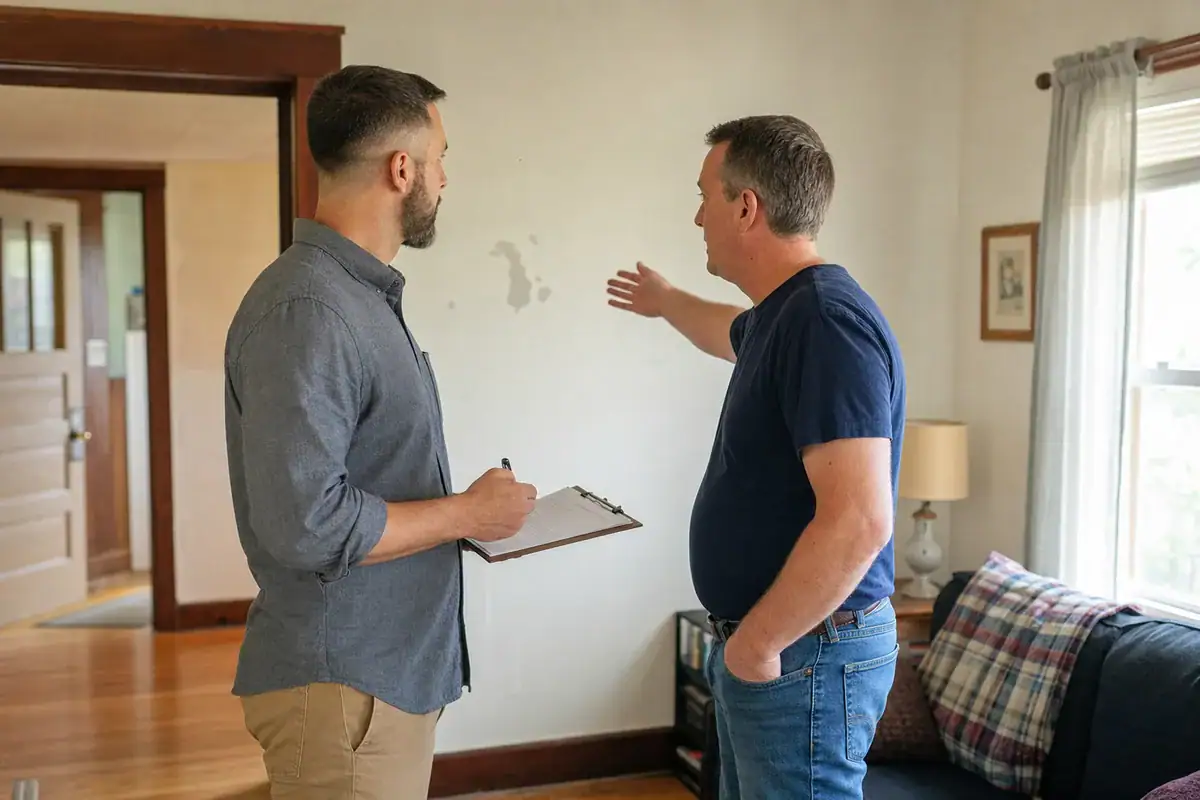 Homeowner points out wall damage while a property buyer takes notes during a walkthrough